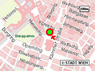 Umgebungskarte vom Treffpunkt Albertinaplatz. Der grüne Kreis mit roter Umrandung in der Mitte markiert den Treffpunkt für unsere Stadtspaziergänge
