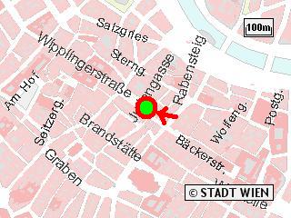 Umgebungskarte vom Treffpunkt Hoher Markt. Der grüne Kreis mit roter Umrandung in der Mitte markiert den Treffpunkt für unsere Stadtspaziergänge